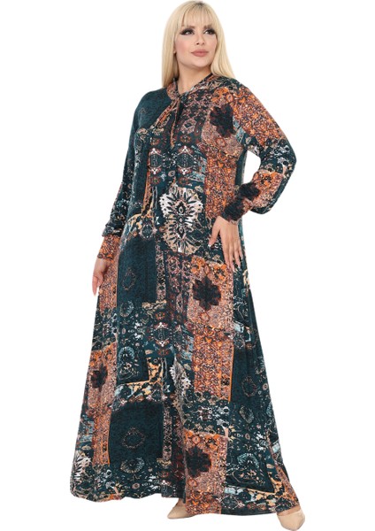 Butik Fularlı Petrol Etnik Desen Uzun Kollu Büyük Beden Kadın Elbise modelleri