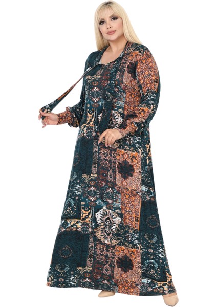 Butik Fularlı Petrol Etnik Desen Uzun Kollu Büyük Beden Kadın Elbise fırsatları