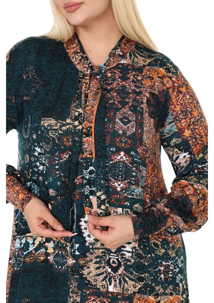 Butik Fularlı Petrol Etnik Desen Uzun Kollu Büyük Beden Kadın Elbise indirimleri