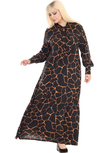 Butik Fularlı Siyah Taş Desen Uzun Kollu Büyük Beden Kadın Elbise