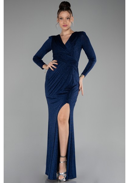 Uzun Kol Bacak Dekolteli Simli Abiye Elbise ABU3542