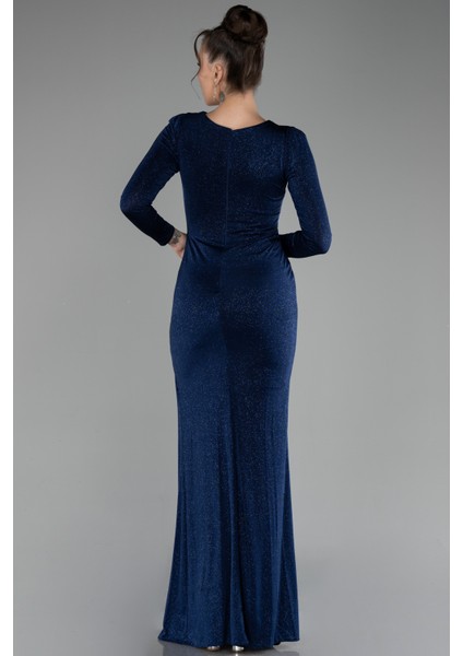 Uzun Kol Bacak Dekolteli Simli Abiye Elbise ABU3542 fiyatları