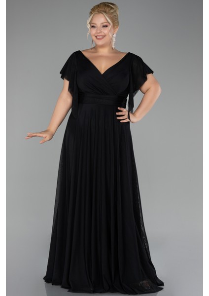 Kısa Kol Kruvaze Yaka Uzun Büyük Beden Abiye ABU4263