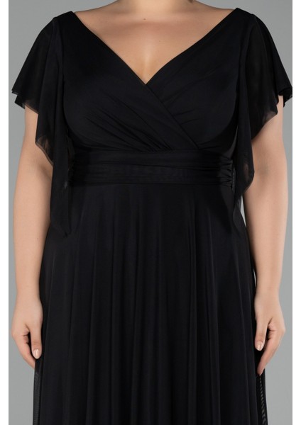 Kısa Kol Kruvaze Yaka Uzun Büyük Beden Abiye ABU4263 modelleri