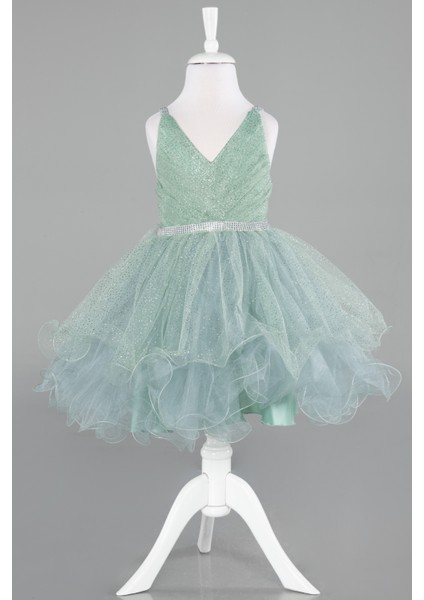 Askılı Etekleri Katlı Kısa Simli Kız Çocuk Abiye ABK2142