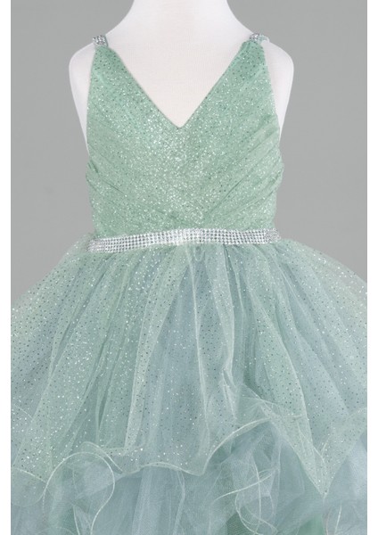 Askılı Etekleri Katlı Kısa Simli Kız Çocuk Abiye ABK2142 modelleri