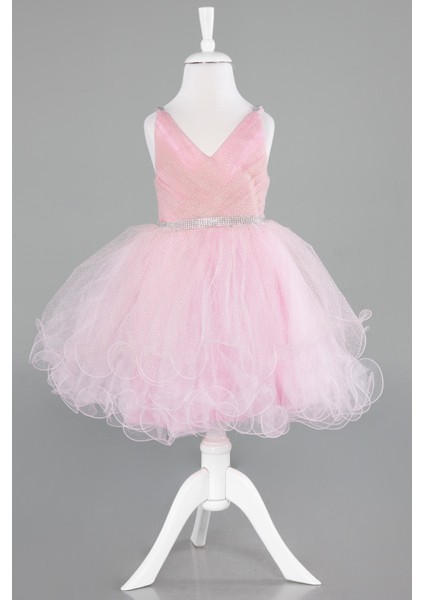 Askılı Etekleri Katlı Kısa Simli Kız Çocuk Abiye ABK2142