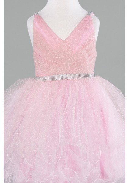 Askılı Etekleri Katlı Kısa Simli Kız Çocuk Abiye ABK2142 modelleri