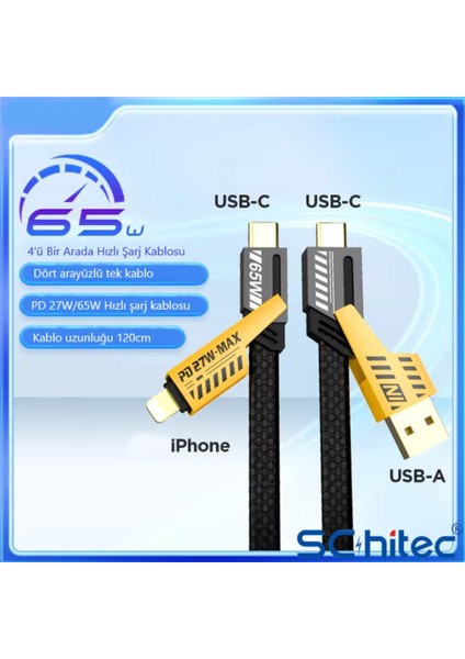 4in1 65W/PD27W Usba To Lightining-Type-C/type-C To Lightining-Type-C Turbo Şarj ve Data Kablosu modelleri