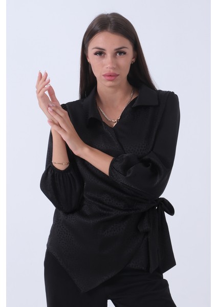 Siyah Yandan Bağlama Detaylı Bluz Gömlek 41620075.01