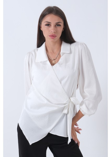 Ekru Yandan Bağlama Detaylı Bluz Gömlek 41620075.147