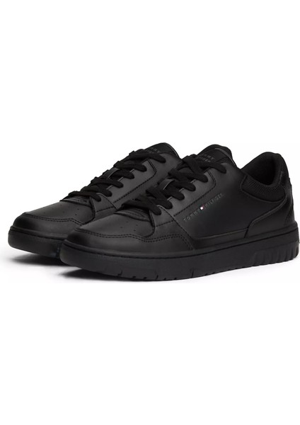 Erkek Marka Logolu Deri Üst Kısımlı Konforlu ve Köpüklü Iç Tabanlık Kauçuk Burun Başlıklı Siyah Sneaker FM0FM05040-BDS