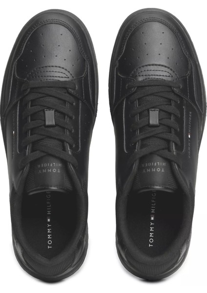 Erkek Marka Logolu Deri Üst Kısımlı Konforlu ve Köpüklü Iç Tabanlık Kauçuk Burun Başlıklı Siyah Sneaker FM0FM05040-BDS