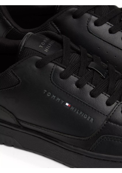 Erkek Marka Logolu Deri Üst Kısımlı Konforlu ve Köpüklü Iç Tabanlık Kauçuk Burun Başlıklı Siyah Sneaker FM0FM05040-BDS