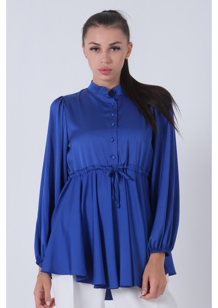 Saks Kolu Lastikli Belden Bağlamalı Saten Tunik 44510418.26