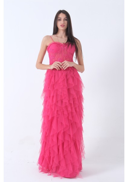 Fuşya Transparan Taşlı Eteği Fırfırlı Abiye 9705034.12 fiyatları