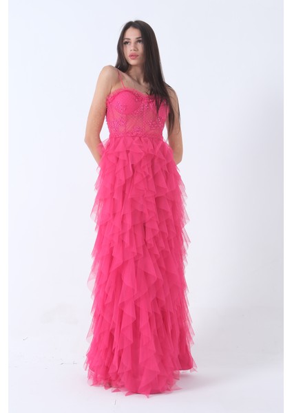 Fuşya Transparan Taşlı Eteği Fırfırlı Abiye 9705034.12 fırsatları
