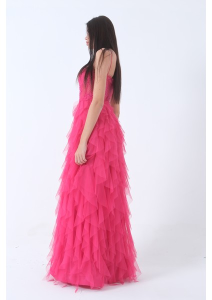 Fuşya Transparan Taşlı Eteği Fırfırlı Abiye 9705034.12 indirimleri