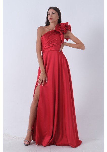 Kırmızı Saten Omuz Fiyonklu Abiye Elbise 1302192.08