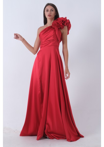 Kırmızı Saten Omuz Fiyonklu Abiye Elbise 1302192.08 fiyatları