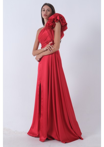 Kırmızı Saten Omuz Fiyonklu Abiye Elbise 1302192.08 modelleri