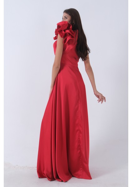 Kırmızı Saten Omuz Fiyonklu Abiye Elbise 1302192.08 fırsatları