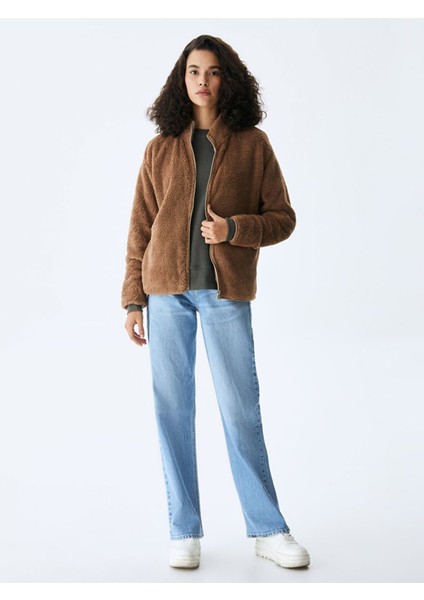 Düz Dik Yaka Fermuarlı Regular Fit Kahve Rengi Hırka