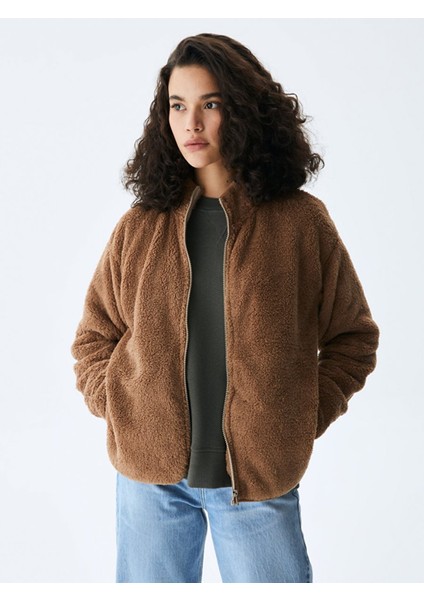 Düz Dik Yaka Fermuarlı Regular Fit Kahve Rengi Hırka indirimleri