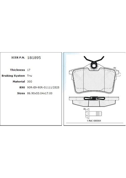 Kb 181895 Fren Balatası Arka 308 Partner 1.6Cc 08> / Berlıngo 1.6 1.9Cc 08>