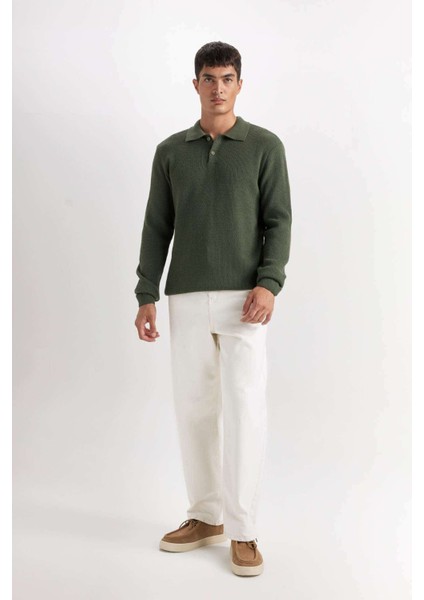 Haki Standart Fit Normal Kesim Polo Yaka Triko Kazak D3589AX24WN fiyatları