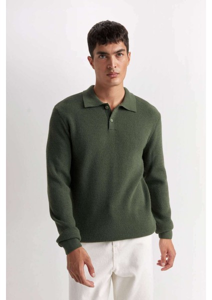 Haki Standart Fit Normal Kesim Polo Yaka Triko Kazak D3589AX24WN fırsatları
