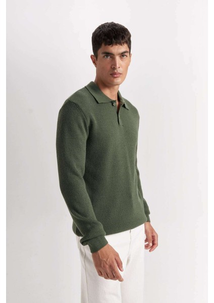 Haki Standart Fit Normal Kesim Polo Yaka Triko Kazak D3589AX24WN indirimleri