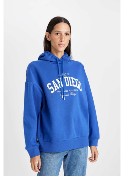Oversize Geniş Kalıp Kapüşonlu Baskılı Kalın Sweatshirt D5291AX24AU