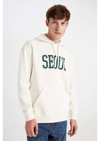 Boxy Fit Kapüşonlu Cepli Baskılı Sweatshirt D1780AX24WN