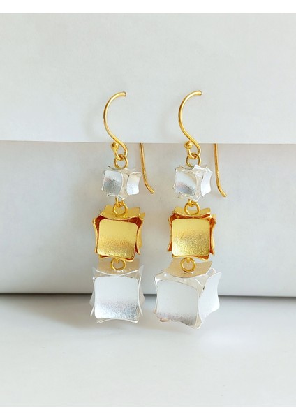 925 Ayar Gümüş Gold Üçlü Küp Tasarım El Yapımı Hand Made Kadın Küpe Doğum Günü Hediye fırsatları