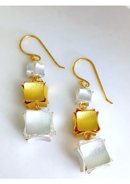 925 Ayar Gümüş Gold Üçlü Küp Tasarım El Yapımı Hand Made Kadın Küpe Doğum Günü Hediye indirimleri