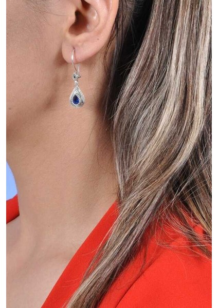 Kadın Mavi Taşlı Telkari Gümüş Bayan Küpe 2020728B fırsatları