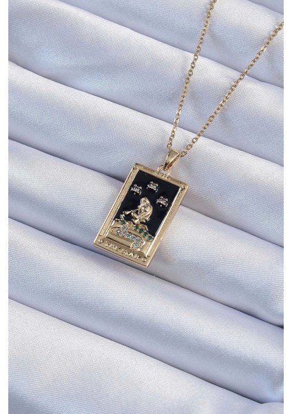 Muı Muı 316L Çelik Zincir Altın Renk Zirkon Taşlı Siyah Mineli Kız Figürlü Tarot Kolye