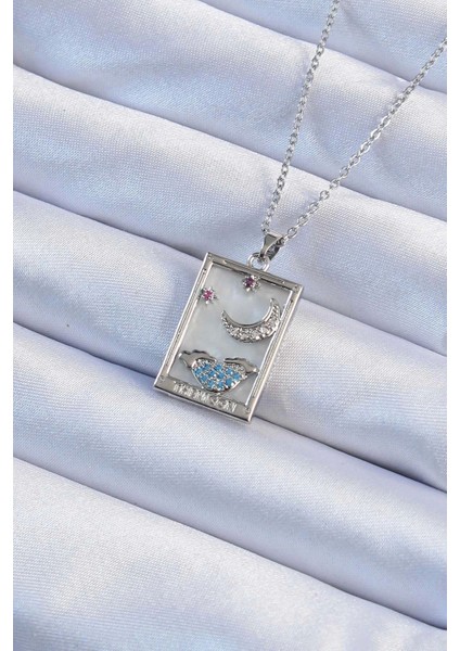 Muı Muı 316L Çelik Zincir Gümüş Renk Zirkon Taşlı Ay Figürlü Tarot Kolye