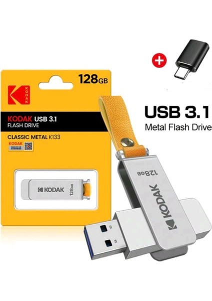 K133 128Gb. Yüksek Hızlı 3.1 USB Flash Bellek Dönüştürücü Hediye Metal Orjinal Sağlam