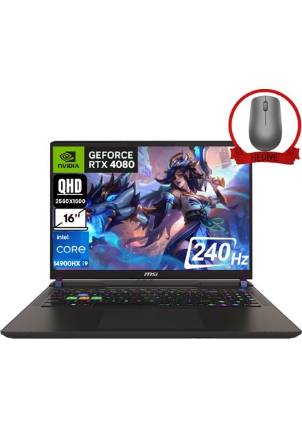 Msı Vector 16 Hx Intel Core I9 14900HX 32GB 4tb SSD RTX4080/12GB W11H 16" Qhd+ 240Hz Taşınabilir Bilgisayar A14VHG-497XTR-A48 & Anzar Mouse