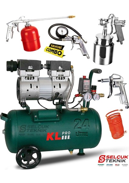 Klpro Sessiz Hava Kompresörü KLK25S 1 Hp 24 Lt 8 Bar Hediyeli Set