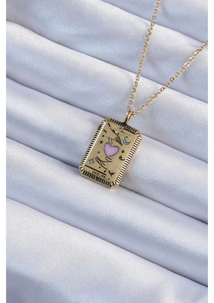 316l Çelik Zincir Eskitme Altın Renk Pembe Mineli Kalp Figürlü Tarot Kolye