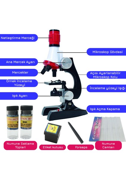 Science Mikroskop Seti LED Işıklı 100X 400X 1200X Büyütme 12 Adet Eğitici Örnek Hediyeli