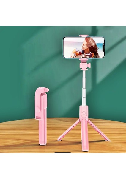 2n1 Telefon Tutucu Pembe Telefon Selfie Çubuğu Ayaklı Tripod Kablosuz Bluetooth Kumandalı
