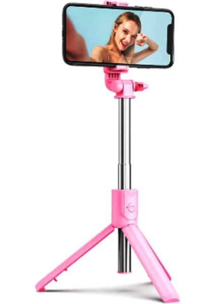 2n1 Telefon Tutucu Pembe Telefon Selfie Çubuğu Ayaklı Tripod Kablosuz Bluetooth Kumandalı