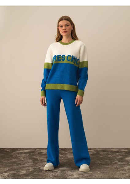 Kadın Mavi Lüks Pamuk Dokulu Regular Fit Kazak