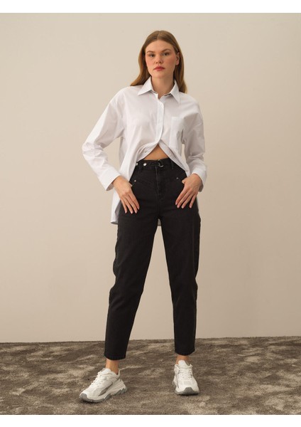 Kadın Mavi Pamuk Dokulu Oversize Pantolon