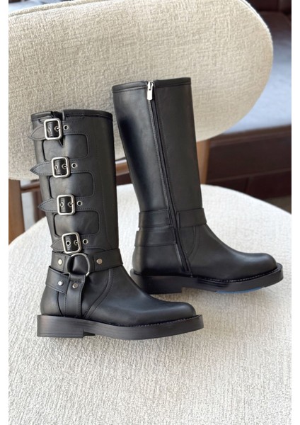 Kadın Pucet Düz Tabanlı Tokalı Çizme - Siyah-Deri fiyatları