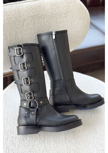 Kadın Pucet Düz Tabanlı Tokalı Çizme - Siyah-Deri modelleri